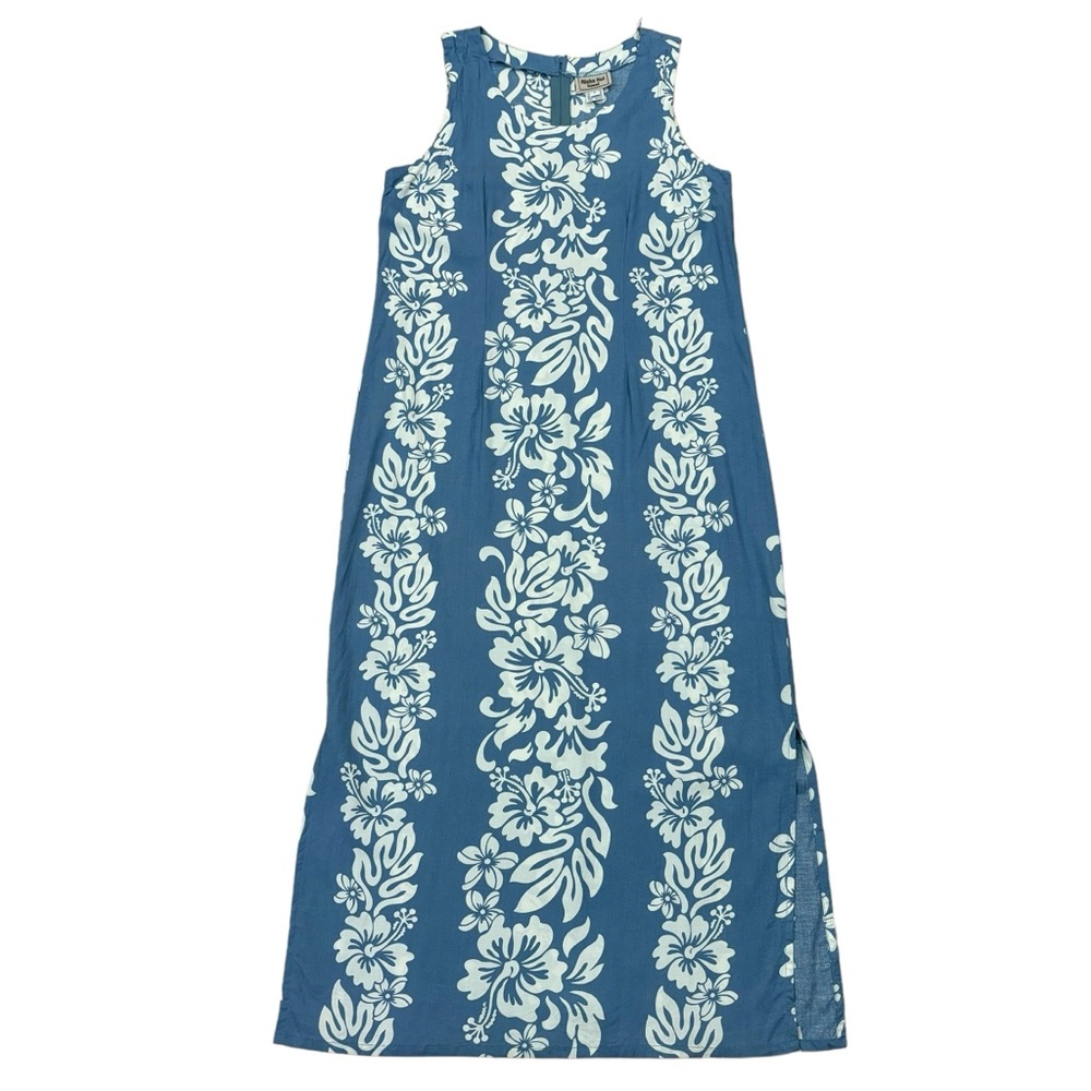 Aloha Hut Hawaiian sheath dress blue and white side slit classic hawaiian size S